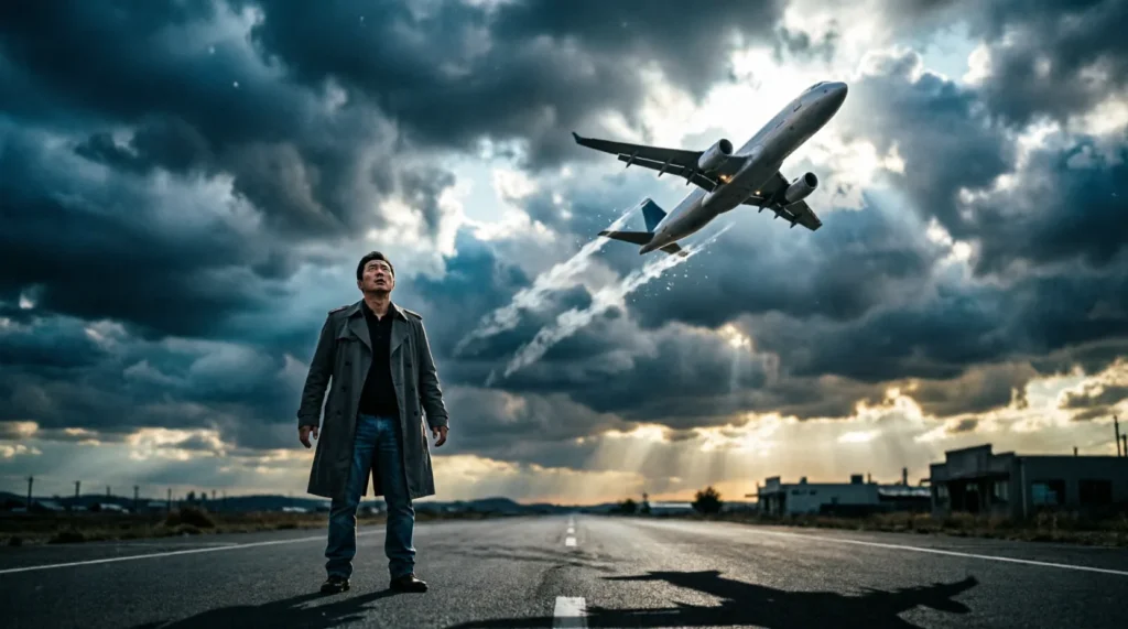 plane behind a man